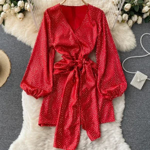 Christmas Prom Red Satin Deep V-neck Lantern Sleeve Party Dress