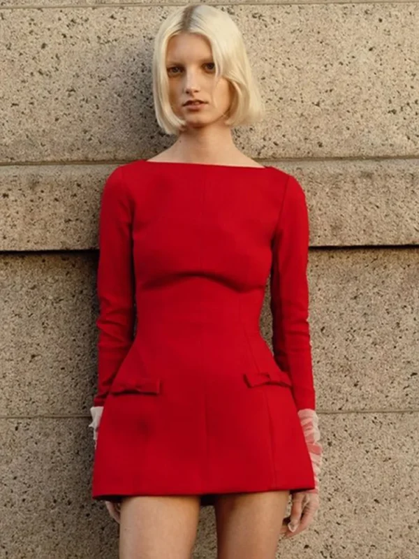 Red Bow Mini Dress Sexy High Waist Long Sleeve 2025 Party Evening - Image 5