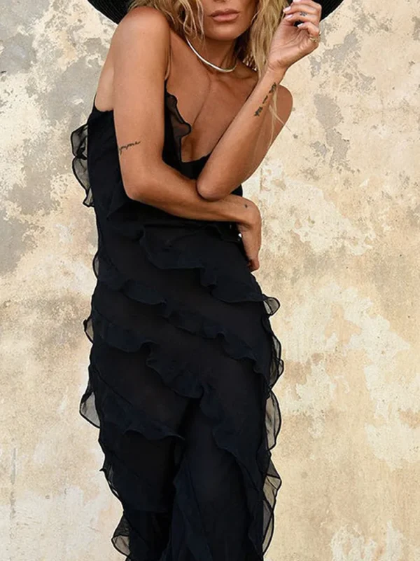 Elegant Red Chiffon Backless Lace-Up Ruffle Beach Vacation Dress - Image 5