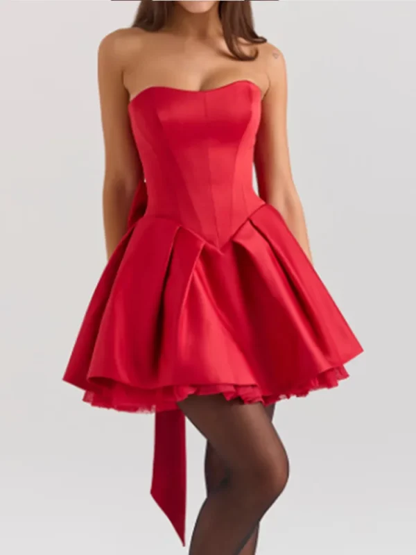 Backless Bow Strapless High Waist Red Pleated Wedding Party Dress - Image 6