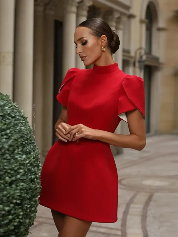 Red Prom Dresses Elegant Bow Hollow Out High Waist A-Line Mini Dress - Image 3