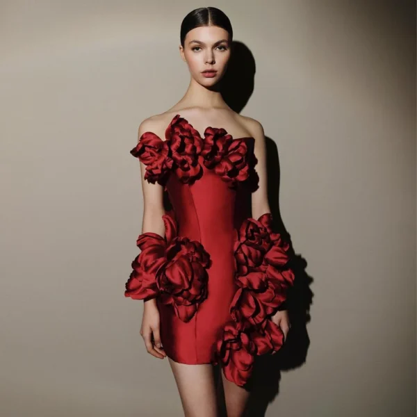 Cute 3D Rose Floral Mini Dress Handmade Ruffled Party Dresses