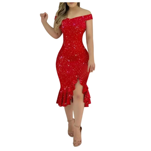 Red Sexy Off Shoulder Bodycon Glitter Ruffle Hem Evening Dress - Image 2