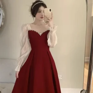 Wine Red Winter Bridal A-Line Slimming Luxury Evening Toast Dress