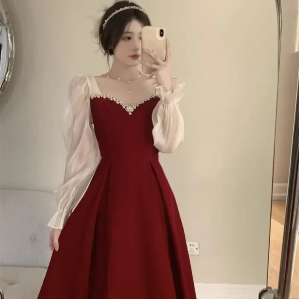 Wine Red Winter Bridal A-Line Slimming Luxury Evening Toast Dress