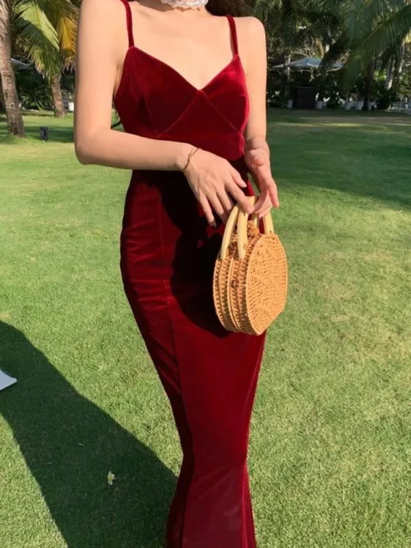 Summer Vintage Sexy Red V-neck Spaghetti Strap Slit Long Dress Party - Image 6