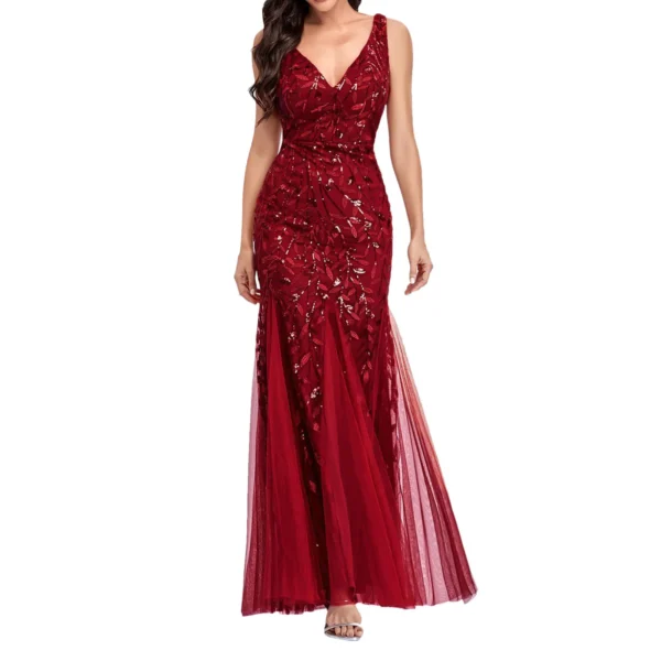Red Embroidered Beaded Deep V Neck Fishtail Maxi Evening Dress