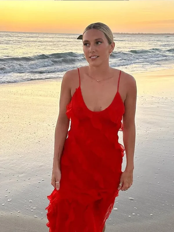 Elegant Red Chiffon Backless Lace-Up Ruffle Beach Vacation Dress - Image 2