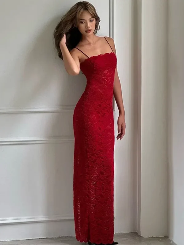 Elegant Red Lace Sling Dress Sleeveless Backless High Slit Maxi Gown - Image 2