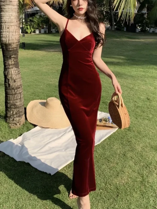 Summer Vintage Sexy Red V-neck Spaghetti Strap Slit Long Dress Party - Image 2