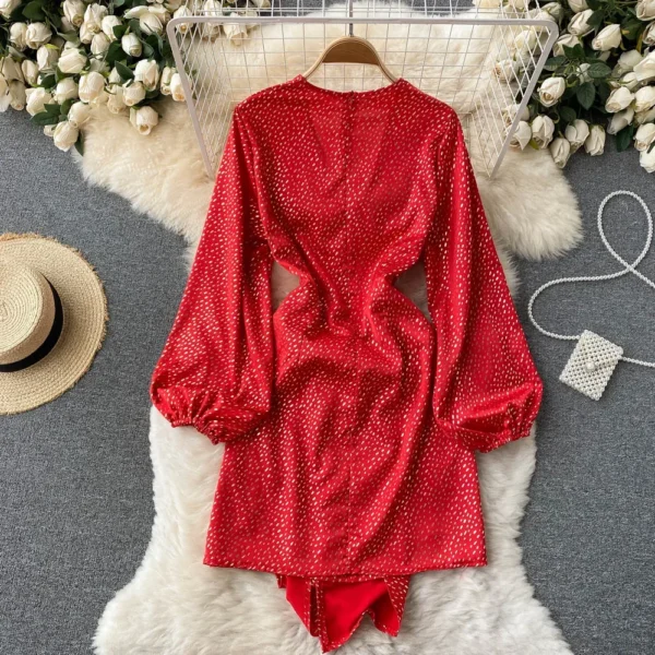 Christmas Prom Red Satin Deep V-neck Lantern Sleeve Party Dress - Image 5