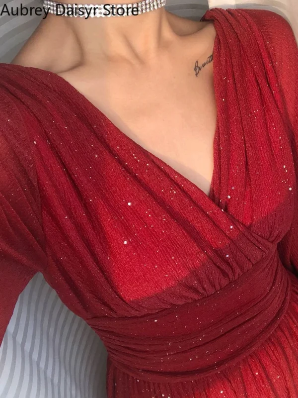 Elegant Sequin Red Long Dress V-Neck Vintage Wedding Party Gown