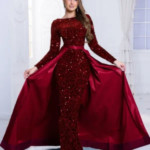 Elegant Red Prom Dresses Long Sleeve Sequin Lace Up Floor Length