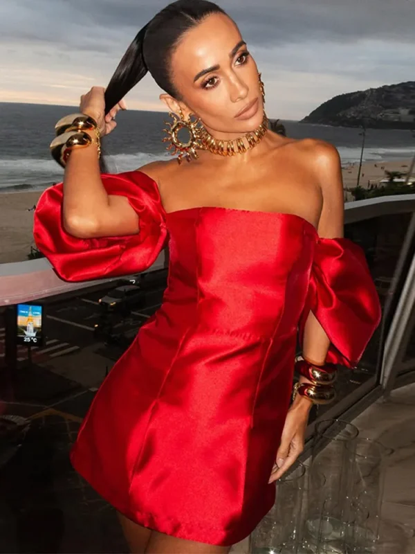 Elegant Red Off Shoulder Retro Backless Christmas Dinner Party Dress - Image 3
