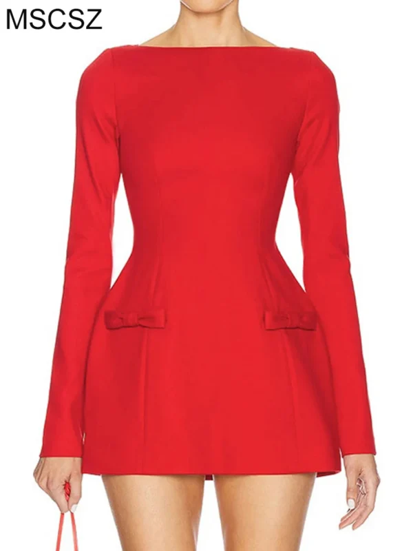 Red Long Sleeve Mini Dress Women Bow Elegant Fit Flare