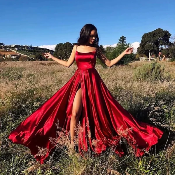 Red Prom Dresses Elegant Spaghetti Strap Slit Big Swing Evening Gown