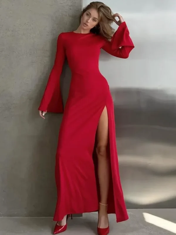 Red Prom Dresses: Autumn Flare Sleeve High Waist Party Dress