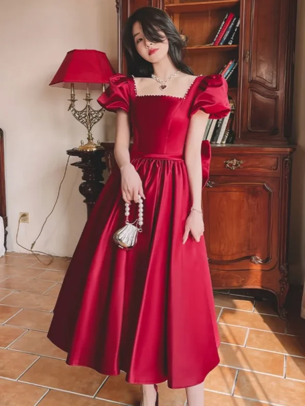 Elegant Off Shoulder Red Puff Sleeve Wedding Party Long Dress - Image 3