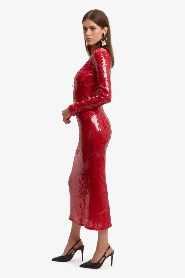 Sexy Deep V Neck Red Backless Lace Up Bodycon Midi Dress Party Gown - Image 3