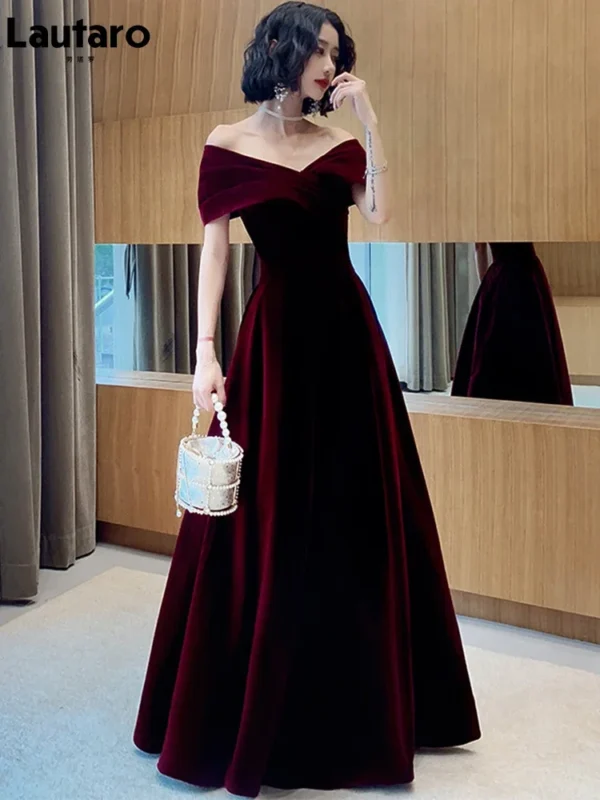 Red prom dresses, wine red off-shoulder velvet evening maxi gown - Image 3