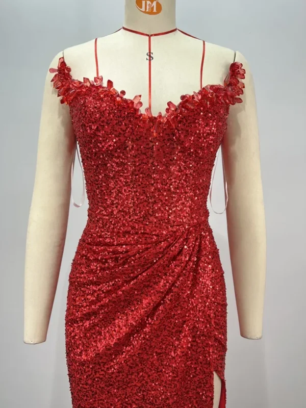 Luxury Red Strapless V Neck Open Leg Maxi Prom Gown Dress Elegant - Image 6