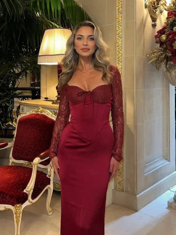 Red Lace Up Bodycon Dress Elegant Long Sleeve 2025 Party Gown - Image 2