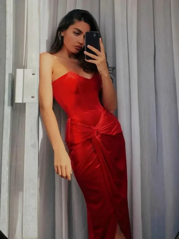 Elegant Red Strapless Sleeveless High Waist Split Evening Prom Dress - Image 3