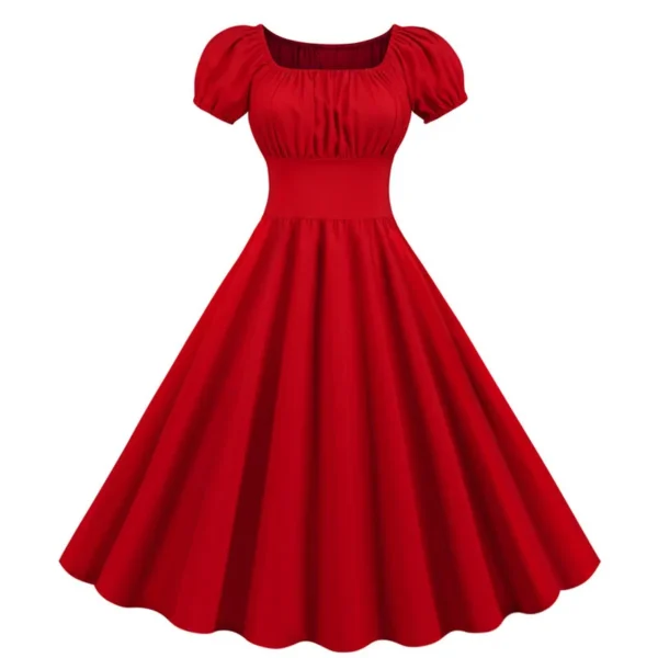 Red Black Women Summer Dress Puff Sleeve High Waist Midi Dress
