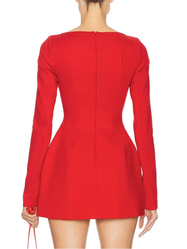 Red Long Sleeve Mini Dress Women Bow Elegant Fit Flare - Image 3