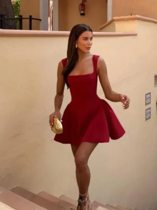 Sexy Red Square Neck Sleeveless Pleated High Waist Evening Party Dress