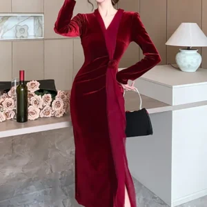 2025 Red Velvet Luxury Party Evening Dress Women Korean Vintage Prom