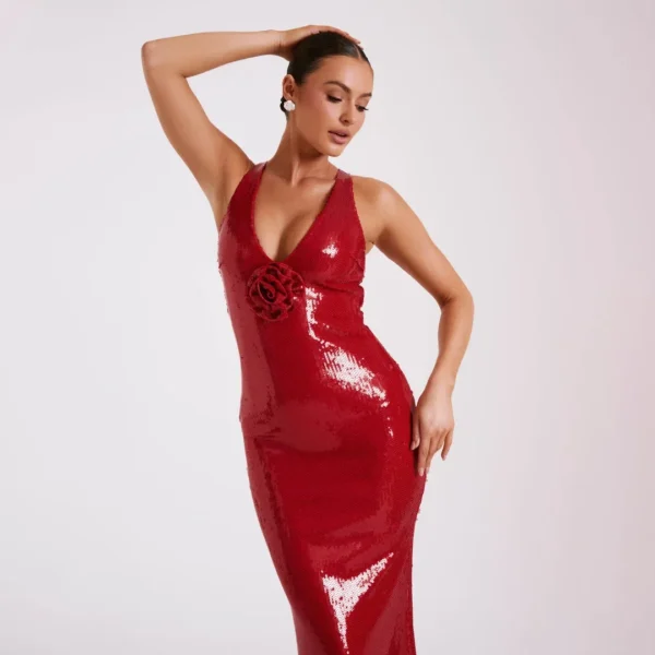 Red prom dresses with sequins, 3D flowers, and side slit