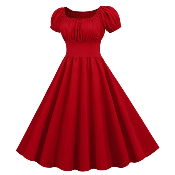 Red Black Women Summer Dress Puff Sleeve High Waist Midi Dress - Image 2