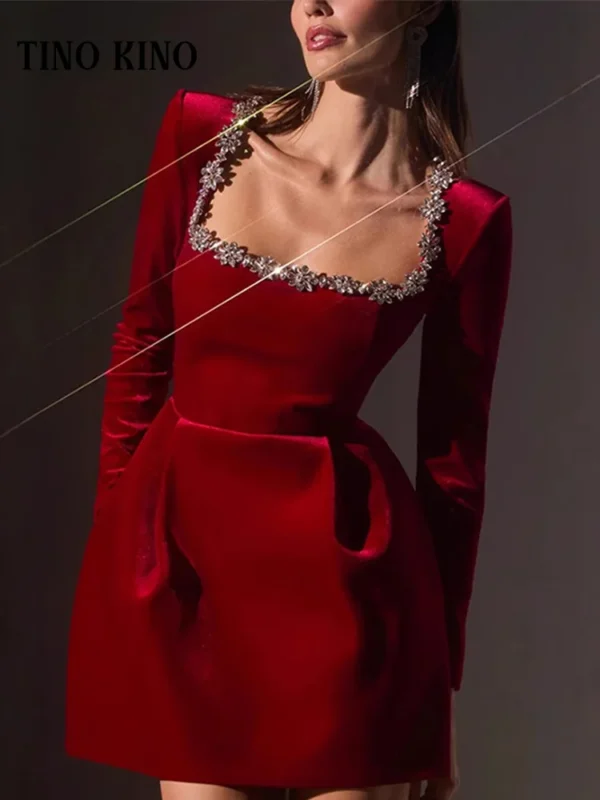 Red Prom Dresses Rhinestone Decor Velvet Mini Dress Long Sleeve Slim
