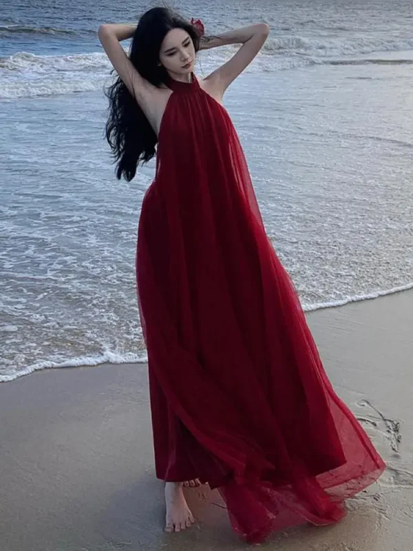 French Red Elegant Halter Mesh Backless Bandage Long Party Dress - Image 3