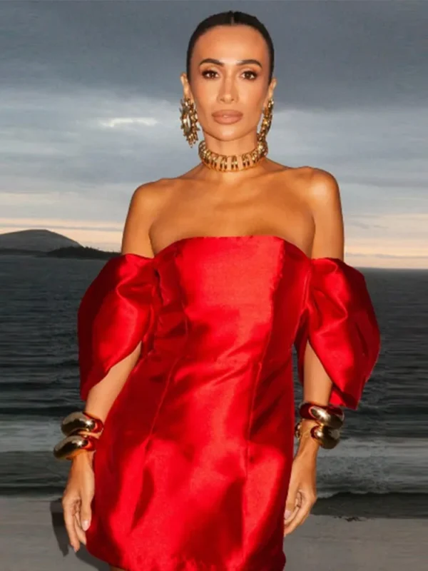 Elegant Red Off Shoulder Retro Backless Christmas Dinner Party Dress - Image 2