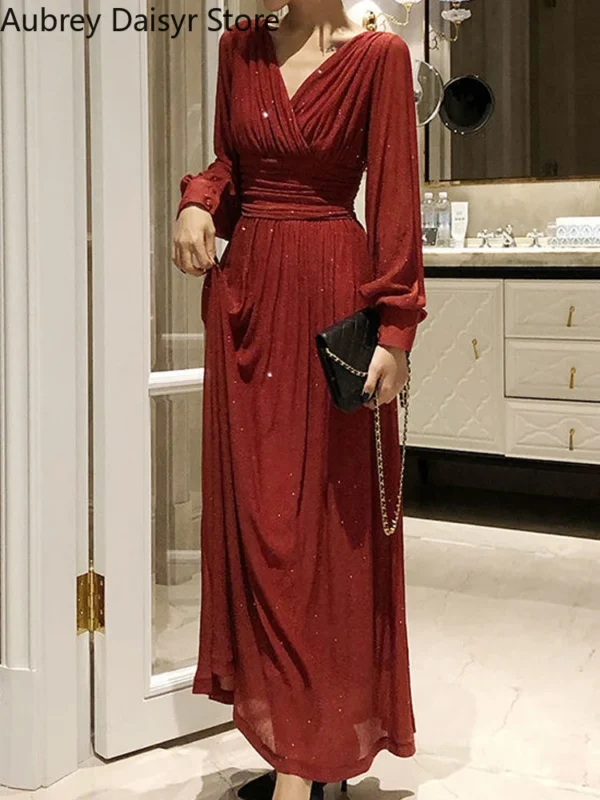 Elegant Sequin Red Long Dress V-Neck Vintage Wedding Party Gown - Image 2
