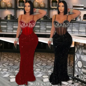 Luxury Red Prom Dresses Velvet Sequin Bodycon Long Elegant Fit