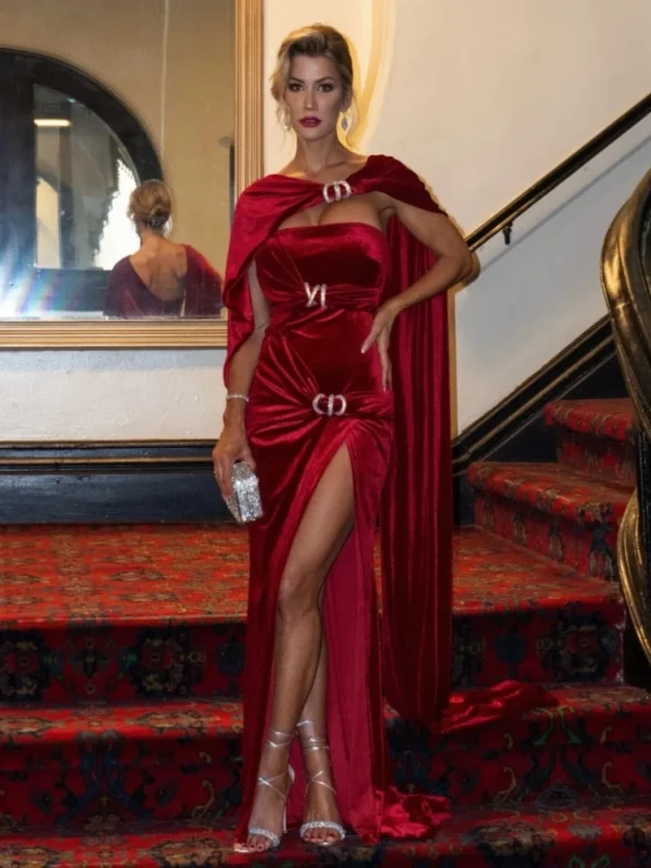 Red prom dresses, one-shoulder velvet ruched draped split maxi gown