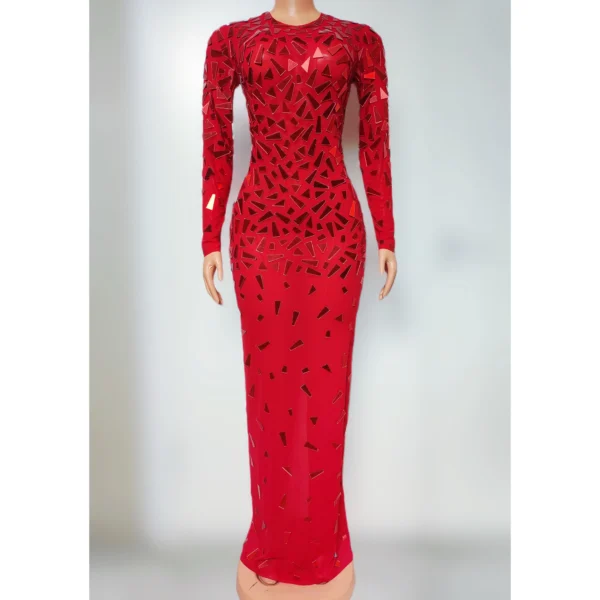 Flashing Mirror Red Long Mesh Party Dress Sexy Evening Gown Outfit