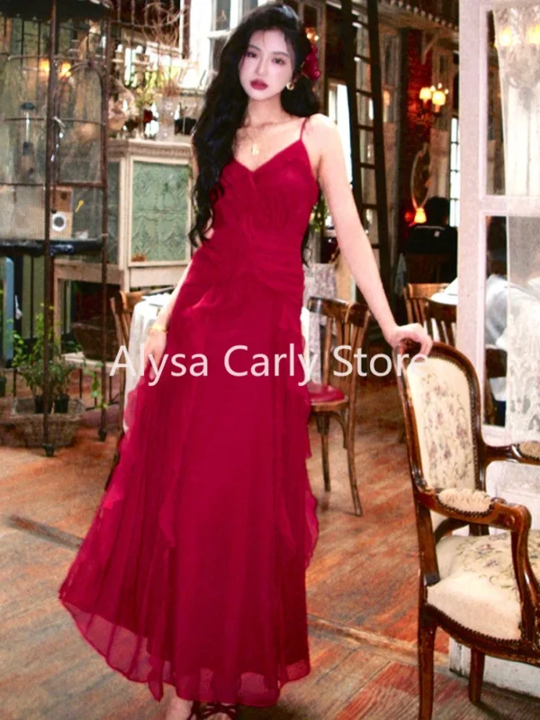 Red prom dresses with ruffles, strapless, elegant Y2K autumn party style - Image 4