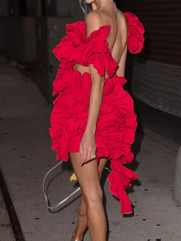 Luxury Red Sexy Ruffles Sleeveless Backless Ruched Party Prom Dress - Image 2
