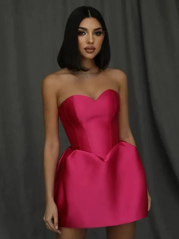 Red Prom Dresses Off Shoulder Backless Puff Pleated Hem Mini Dress - Image 6