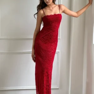 Elegant Vintage Red Lace Slim Backless High Slit Evening Dress