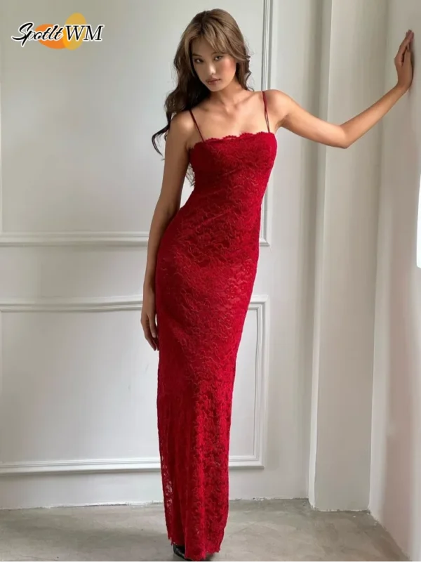 Elegant Vintage Red Lace Slim Backless High Slit Evening Dress