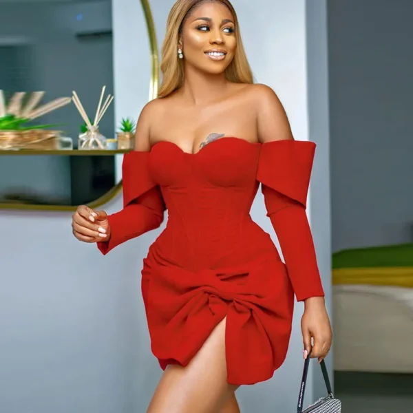 Red Prom Dresses: Off-Shoulder Bow Backless Long Sleeve Party Dress
