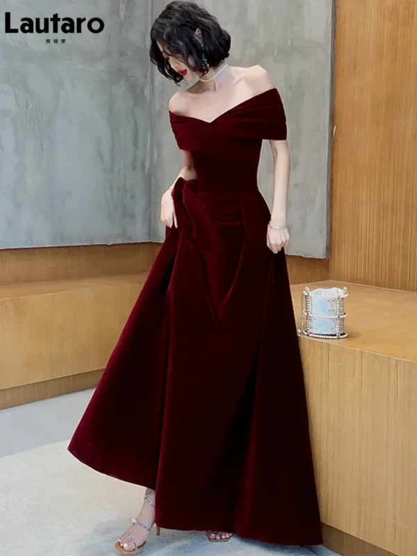 Red prom dresses, wine red off-shoulder velvet evening maxi gown
