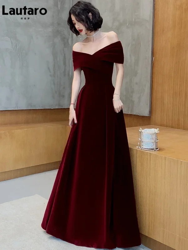 Red prom dresses, wine red off-shoulder velvet evening maxi gown - Image 4