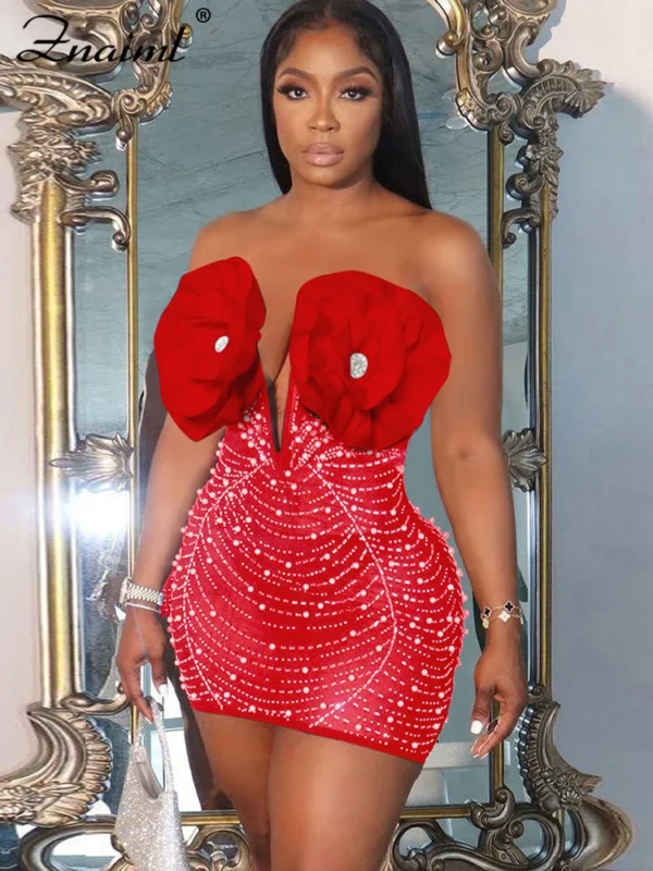 Red Prom Dresses Off Shoulder 3D Flower Rhinestone Pearl Mesh Mini Dress
