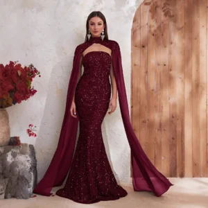 Dark Red Bling Lace Off Shoulder Mermaid Evening Party Prom Dress
